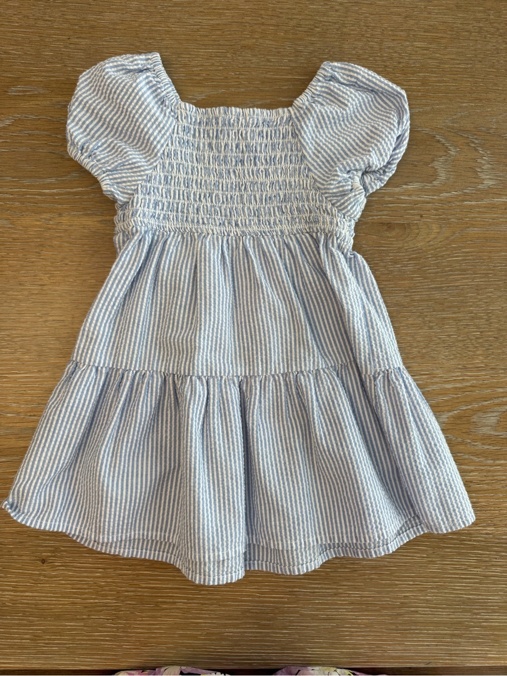 Old Navy Blue and White Striped Smocked Puff Sleeve Seersucker Dress, 2T